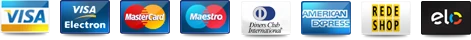 Bandeiras de cartões aceitos: Visa, Mastercard, Diners, American Express, Elo e outros